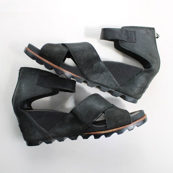 Sorel Women's Black Leather Joanie II Wedges Sandals Heels Size 9.5 - Picture 5 of 7